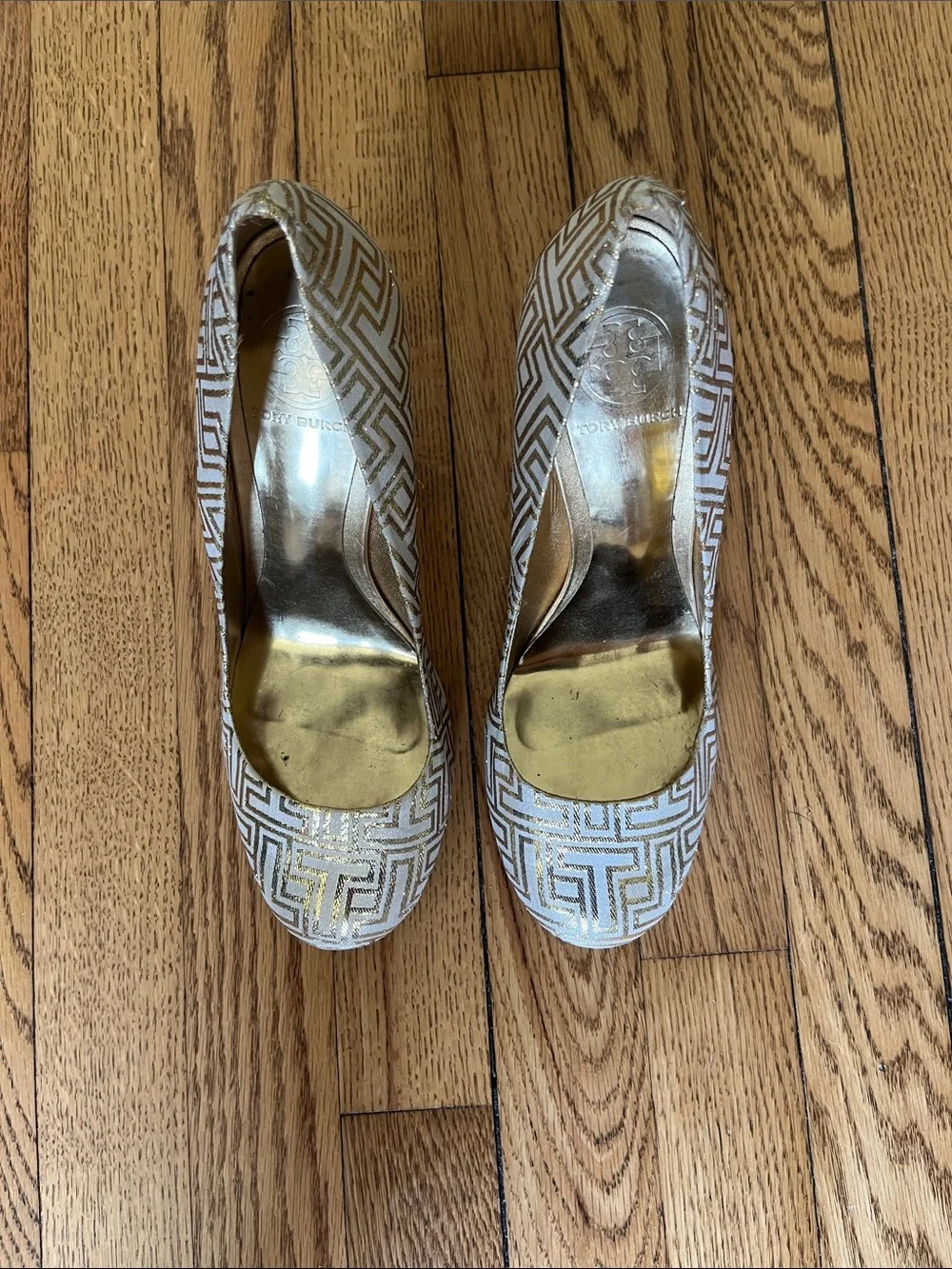 Tory Burch White and Gold Geometric Pump Heels